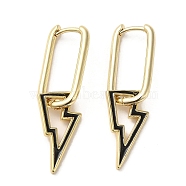 Lightning Bolt Real 18K Gold Plated Brass Dangle Hoop Earrings, with Enamel, Black, 37.5x11.5mm(EJEW-L268-018G-02)