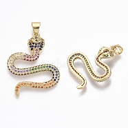 Brass Micro Pave Cubic Zirconia Pendants, Nickel Free, Snake, Colorful, Real 18K Gold Plated, 26x21x5.5mm, Hole: 3x4mm(X-ZIRC-R109-046-NF)