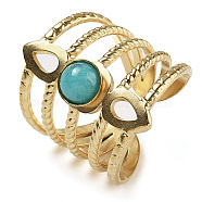 Natural Amazonite Finger Rings, Teardrop 304 Stainless Steel Multi-layer Open Cuff Rings, Real 18K Gold Plated, 24mm, Adjustable(RJEW-U027-08G-06)