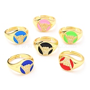 Adjustable Real 18K Gold Plated Brass Enamel Finger Ringss, with Clear Cubic Zirconia, Flat Round with Gesture Language, Shaka Gesture, Mixed Color, Inner Diameter: 17.5mm(RJEW-L071-25G)