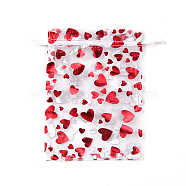 Rectangle Printed Organza Drawstring Bags, FirBrick Heart Pattern, White, 12x9cm(CON-PW0001-067B-01)