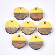 Resin & Walnut Wood Pendants, Flat Round, Yellow, 14~15x3~4mm, Hole: 1.8mm(RESI-S358-02E-14)