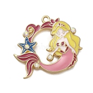 Alloy Enamel Pendants, with  Rhinestone, Mermaid Charm, Pink, 28.5x32.5x2.5mm, Hole: 1.8mm(ENAM-S021-01G-A)