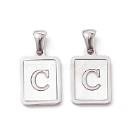 304 Stainless Steel Pave Shell Pendants, Rectangle Charm, Stainless Steel Color, Letter C, 17.5x12x1.5mm, Hole: 3x5mm(STAS-G327-01P-C)