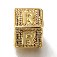 Brass Cubic Zirconia Beads, Letter R, Square, Letter R, 9.5x9.5x9.5mm, Hole: 6mm(KK-Q818-01R-G)