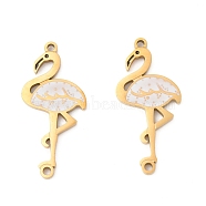 304 Stainless Steel Enamel Connectors Charm, Ion Plating(IP), Real 18K Gold Plated, Flamingo Shape, White, 26x12x1.5mm, Hole: 1.2mm(STAS-S156-01G-02)