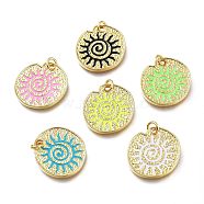 Real 18K Gold Plated Brass Enamel Pendants, Long-Lasting Plated, with Jump Rings, Lead Free & Cadmium Free, Flat Round with Sun, Mixed Color, 23x22.5x2.5mm, Jump Ring: 6x1mm, Inner Diameter: 4mm(KK-A150-07G-RS)