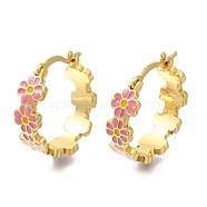 Rack Plating Flower Brass Hoop Earrings, with Enamel, Long-Lasting Plated, Lead Free & Cadmium Free, Real 18K Gold Plated, Hot Pink, 18x5mm(EJEW-H016-41G-02)