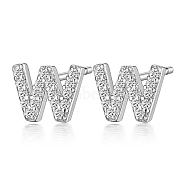 Rhodium Plated 925 Sterling Silver Initial Letter Stud Earrings, with Cubic Zirconia, Platinum, Letter W, 5x5mm(HI8885-23)