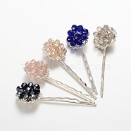 Brass Electroplate Glass Bead Flower Hair Bobby Pins, with Iron Findings, Silver Color Plated, Mixed Color, 63mm(PHAR-JH00048)