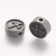 304 Stainless Steel Beads, Flat Round with Cross, Antique Silver, 11x4.5mm, Hole: 2mm(STAS-A032-095AS)