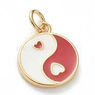 Brass Enamel Pendants, Long-Lasting Plated, Real 18K Gold Plated, Flat Round with Heart, Red, 14x11.5x2mm, Hole: 3mm(KK-P200-11E-G)