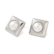 Square 304 Stainless Steel Stud Earrings, Plastic Imitation Pearl Earrings for Women, Stainless Steel Color, 16.5x16.5mm(EJEW-U003-36P)