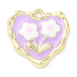 Alloy Enamel Pendants, Golden, Heart with Flower Charm, Lilac, 18x18x3mm, Hole: 1.6mm(PALLOY-P294-04G-04)