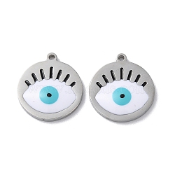 304 Stainless Steel Pendants, with Enamel, Flat Round with Evil Eye Pattern, Stainless Steel Color, 17x15x1.5mm, Hole: 1.2mm(STAS-C083-16P-02)