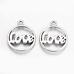 Tibetan Style Alloy Pendants, Lead Free & Cadmium Free, for Valentine's Day, Flat Round with Word Love, Antique Silver, 19.5x16x1mm, Hole: 1.6mm, about 526pcs/500g(TIBE-S323-025AS-RS)