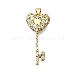 Brass Micro Pave Clear Cubic Zirconia Pendants, Heart Key with Star, Real 18K Gold Plated, 36.5x16.5x3.5mm, Hole: 5x3.5mm(KK-V010-28G)