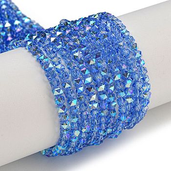 Electroplate Glass Beads Strands, Pearl Luster Plated, Faceted, Star, Dodger Blue, 3x4x4mm, Hole: 1mm, about 98pcs/strand, 12.60''(32cm)