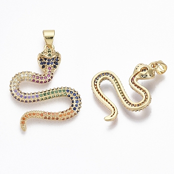 Brass Micro Pave Cubic Zirconia Pendants, Nickel Free, Snake, Colorful, Real 18K Gold Plated, 26x21x5.5mm, Hole: 3x4mm