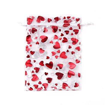 Rectangle Printed Organza Drawstring Bags, FirBrick Heart Pattern, White, 12x9cm