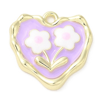Alloy Enamel Pendants, Golden, Heart with Flower Charm, Lilac, 18x18x3mm, Hole: 1.6mm