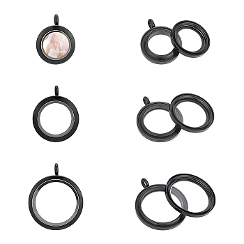 3Pcs 3 Style 304 Stainless Steel Locket Pendants, with Glass, DIY Accessories for Jewelry Pendant Making, Flat Round Charm, Electrophoresis Black, 25.5~36x19.5~29.5x4~6mm, Hole: 4~5mm, 1pc/style