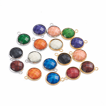 Resin Pendants, with 304 Stainlesss Steel Settings, Half Round, Faceted, Mixed Color, 19.5x16x4.5mm, Hole: 2.3mm