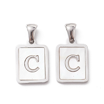 304 Stainless Steel Pave Shell Pendants, Rectangle Charm, Stainless Steel Color, Letter C, 17.5x12x1.5mm, Hole: 3x5mm