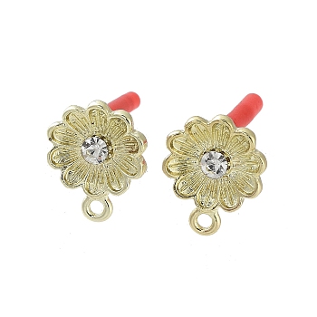 Rack Plating Golden Alloy with Rhinestone Stud Earring Findings, with Loops and 304 Stainless Steel Pins, Cadmium Free & Nickel Free & Lead Free, Flower, 15.5x12.5mm, Hole: 1.6mm, Pin: 0.7x10.5mm