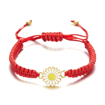 Alloy Cord Bracelets, with Wax Cord, Daisy, Red, Inner Diameter: 2-3/8 inch(6cm)