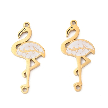 304 Stainless Steel Enamel Connectors Charm, Ion Plating(IP), Real 18K Gold Plated, Flamingo Shape, White, 26x12x1.5mm, Hole: 1.2mm