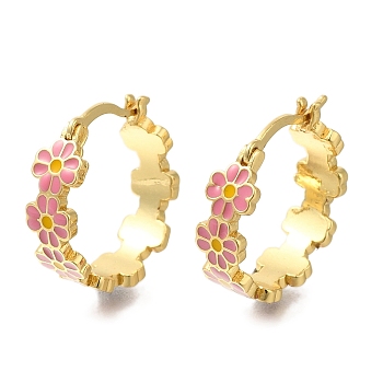 Rack Plating Flower Brass Hoop Earrings, with Enamel, Long-Lasting Plated, Lead Free & Cadmium Free, Real 18K Gold Plated, Hot Pink, 18x5mm