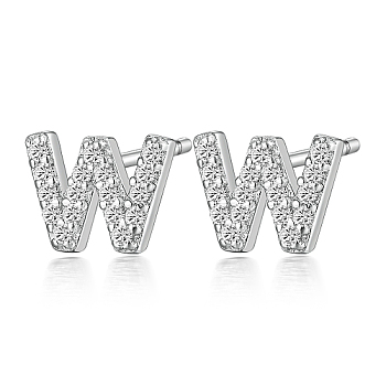Rhodium Plated 925 Sterling Silver Initial Letter Stud Earrings, with Cubic Zirconia, Platinum, Letter W, 5x5mm