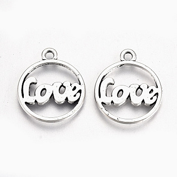Tibetan Style Alloy Pendants, Lead Free & Cadmium Free, for Valentine's Day, Flat Round with Word Love, Antique Silver, 19.5x16x1mm, Hole: 1.6mm, about 526pcs/500g