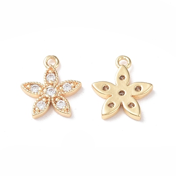 Brass Micro Pave Cubic Zirconia Pendants, Flower, Real 18K Gold Plated, 12.5x11x2mm, Hole: 1mm