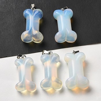Opalite Pendants, Dog Bone Charms with Platinum Iron Snap on Bails, 36~37x19.5~21x11~12.5mm, Hole: 7x4mm