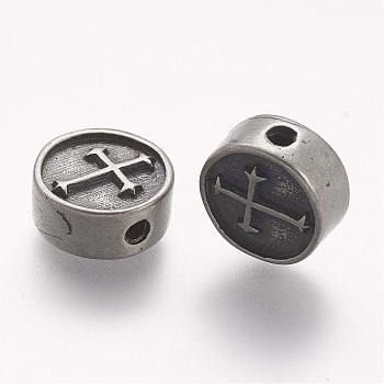 304 Stainless Steel Beads, Flat Round with Cross, Antique Silver, 11x4.5mm, Hole: 2mm