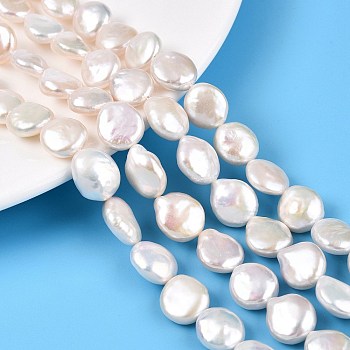 Natural Keshi Pearl Beads Strands, Cultured Freshwater Pearl, Baroque Pearls, Flat Round, Creamy White, 12~14x11~12.5x5~7.5mm, Hole: 0.6mm, about 14~15pcs/strand, 7.48~7.87(19~20cm)