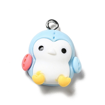 Opaque Resin Pendants, Penguin Charms, with Platinum Tone Iron Findings, Light Cyan, 20.5x17x7mm, Hole: 2mm