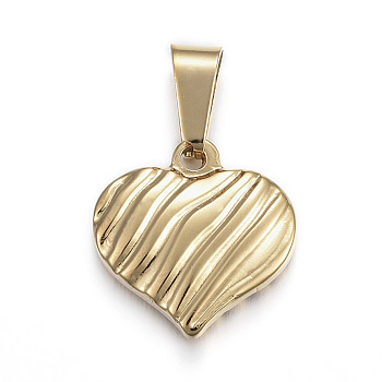 304 Stainless Steel Textured Pendants, Heart with Wavy Pattern, Golden, 15x15x3.5mm, Hole: 3x6mm