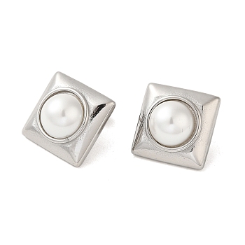 Square 304 Stainless Steel Stud Earrings, Plastic Imitation Pearl Earrings for Women, Stainless Steel Color, 16.5x16.5mm