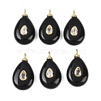 Natural Black Onyx(Dyed & Heated) Pendants, Teardrop Charms with Brass Micro Pave Cubic Zirconia Findings, Long-Lasting Plated, Rack Plating, Real 18K Gold Plated, Cadmium Free & Lead Free, 23x13x6.5mm, Hole: 2mm(G-Z134-01G-01)