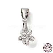Rhodium Plated 925 Sterling Silver Ice Pick Pinch Bails, with Micro Pave Clear Cubic Zirconia, Flower, with S925 Stamp, Real Platinum Plated, 14x7mm, Hole: 5x3.5mm, Pin: 0.9mm(STER-NH0001-22P)