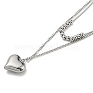 304 Stainless Steel Round Snake & Curb Chains Double Layer Necklaces, with Heart Pendant, Stainless Steel Color, 15.94 inch(40.5cm)(NJEW-K257-07P)
