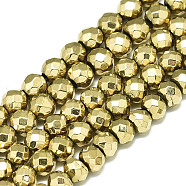 Electroplate Non-magnetic Synthetic Hematite Beads Strands, Round, Faceted, Real 18K Gold Plated, 4mm, Hole: 0.9mm, about 96pcs/Strand, 15.75 inch(40cm)(G-S352-44B-01)