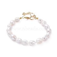 Natural Baroque Pearl Keshi Pearl Beaded Bracelets, with 304 Stainless Steel Lobster Claw Clasps, Brass Twist Links & Anchor Charms, White, 9-1/2 inch(24cm)(BJEW-JB05262)