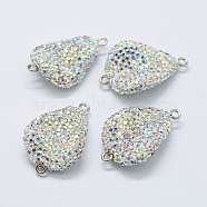 Polymer Clay Rhinestone Links connectors, with Platinum Tone Brass Findings, teardrop, Crystal AB, 30~31x19~20x7~8mm, Hole: 1.5mm(PEAR-F006-40P)