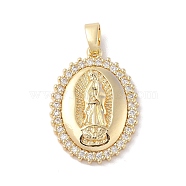 Brass Clear Cubic Zirconia Pendants, Long-Lasting Plated, Oval with Holy Virgin Charms, Golden, 28x20x4mm, Hole: 5x3mm(KK-Z050-14G)