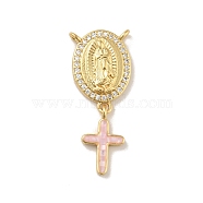 Brass Charms, with Shell, Cadmium Free & Lead Free, Long-Lasting Plated, Oval with Saint & Cross, Real 18K Gold Plated, Pink, 30mm, Hole: 1.5mm(KK-B059-53G-C)
