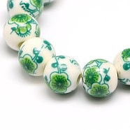 Handmade Flower Printed Porcelain Ceramic Beads Strands, Round, Medium Sea Green, 10mm, Hole: 2mm, about 35pcs/strand, 13.5 inch(PORC-M007-10mm-16)